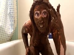 White skin of a whore becomes brown after covering her body with poop